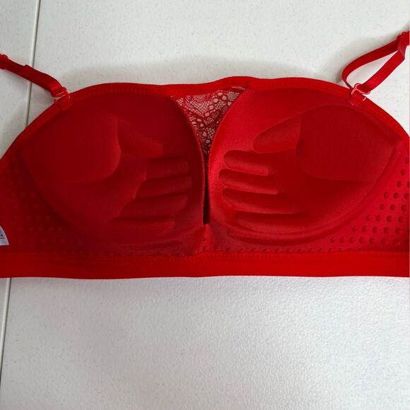 Red Lace Bralette Corset Lace Tie Up Bra Convertible Strapless Push Up Women 34C - Picture 11 of 16